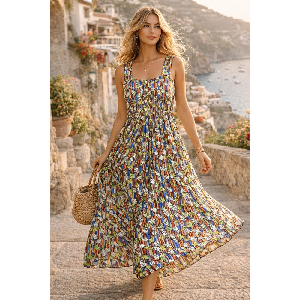 LAGA Maxi Dress Women XL Multi Color Smocked Back Abstract Print